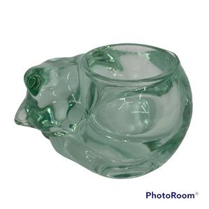 Kitty Cat Glass Votive Candle Holder Green Glass Sleeping Cat Heavy Thick Clear